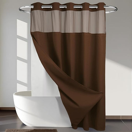 River Dream No Hooks Required Dotted Brown Shower Curtain with Snap in Liner - 71" W x 74" H,Hotel Grade,Spa Like Bath Curtain