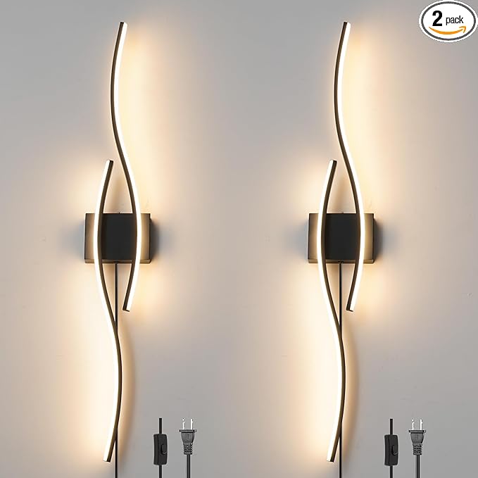 Modern Plug in Wall Sconces Set of Two, RC Dimmable LED Plug in Wall Light, Black Sconce Wall Lighting for Living Room, Hallway, Bedroom