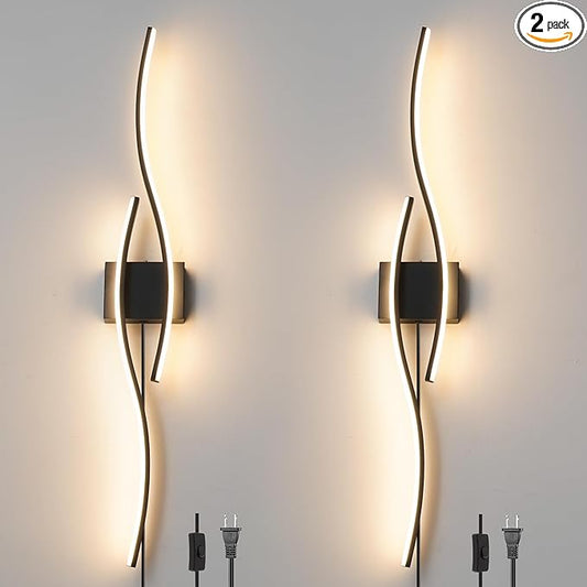 Modern Plug in Wall Sconces Set of Two, RC Dimmable LED Plug in Wall Light, Black Sconce Wall Lighting for Living Room, Hallway, Bedroom