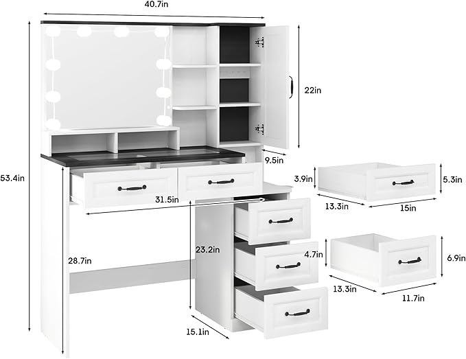 Vabches Makeup Vanity Desk with Lights and Mirror, Black Vanity Table Set with Charging Station, Glass Top Vanity with RGB Lights, Large Mirror with 3 Lighting Modes, 5 Drawers & Cabinet, 40.7in(L)