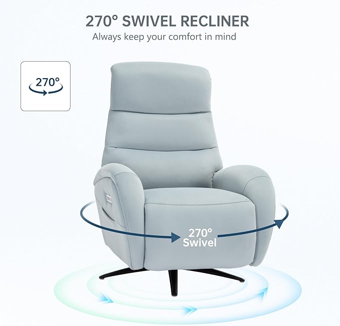 Power Recliner Chairs for Adults, Recliner Swivel Chair with USB & Type-C Ports, Blue Fabric Recliner Chairs for Adults with 270° Swivel, Oversize Reclining Chair W/ 20.1" Wide Seat
