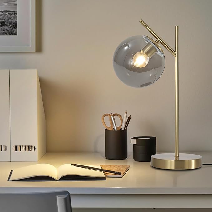 Mid Century Desk Lamp Glass Globe Table Lamp with Gray Glass lampshade Gold Modern Bedside Lamps for Bedroom Living Room Study Room