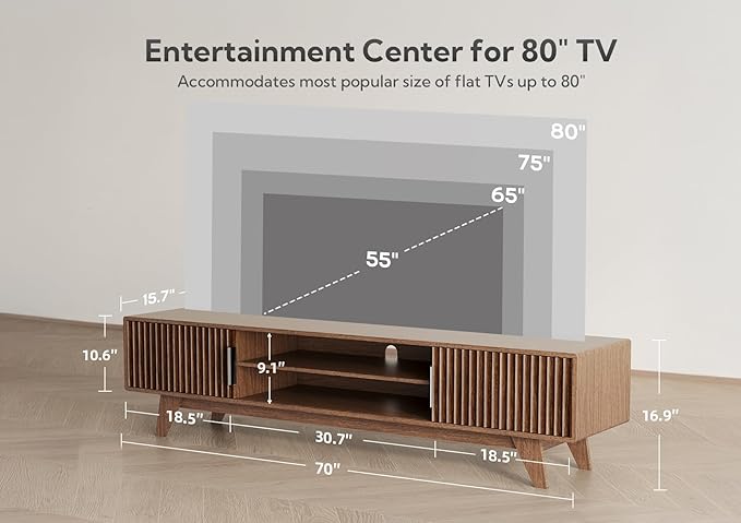 Claiks Mid-Century Modern TV Stand for 75 inch TV, Wood Fluted TV Stand with Storage and Adjustable Shelves, Low Profile TV Console for Living Room, Walnut