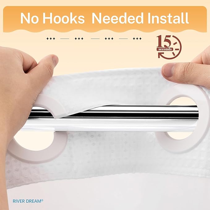 River Dream Heavyweight No Hooks Required Dotted Waffle Weave Shower Curtain with Snap in Liner - 60W x 74H,Hotel Grade,Spa Like Bath Curtain,White