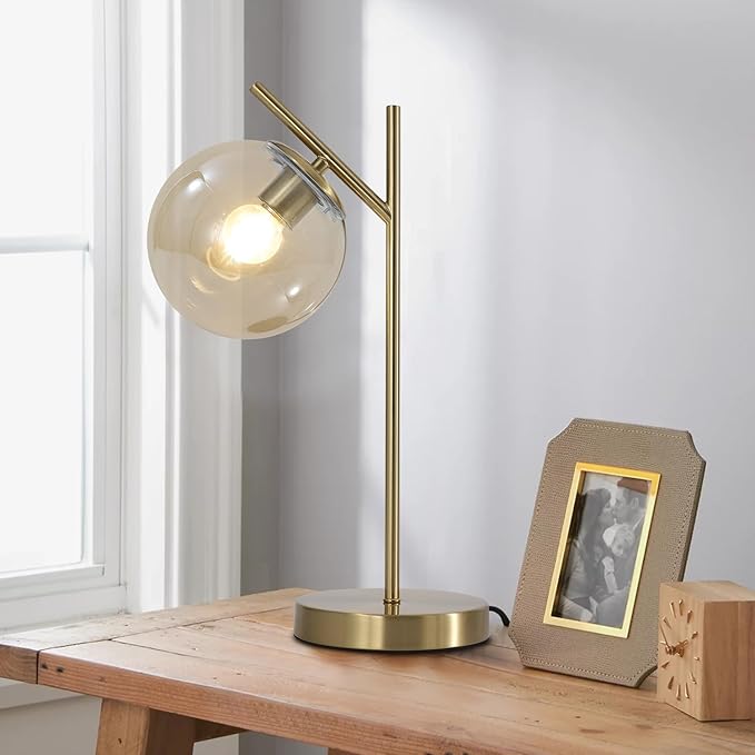 Mid Century Modern Table Lamp Gold Globe Nightstand Lamp with Cognacs Glass lampshade Metal Brass Desk Lamp for Bedroom Living Room Study Room