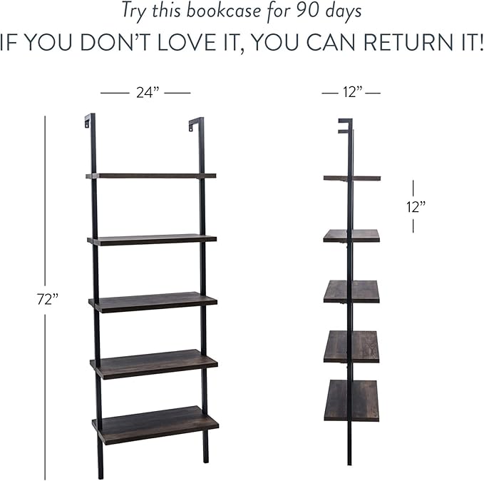 Nathan James Theo 5-Shelf Wood Modern Bookcase, Open Wall Mount Ladder Bookshelf with Industrial Metal Frame, Dark Walnut Brown/Black, Set of 4