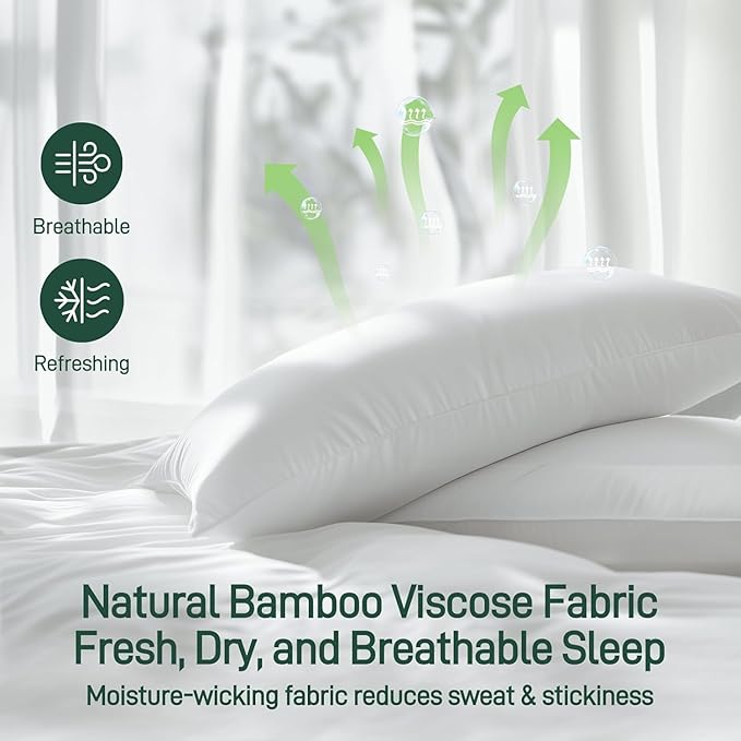 Hypoallergenic Bamboo Viscose Breathable Pillow withDown Alternative Filling, Standard/Queen Size, Fluffy Luxury Hotel Quality, Oeko-Tex Certified, Machine Washable