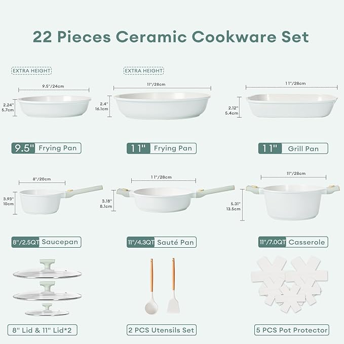 JEETEE Pots and Pans Set Non Stick 22pcs, Ceramic Cookware Set with Removable Handle, Healthy Kitchen Induction Cooking Pots Set with Detachable Handle, Oven Safe, PFAS & PFOA Free, Green, Beige