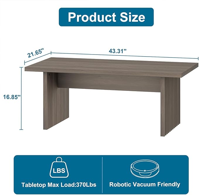 BON AUGURE Fluted Coffee Table, Wood Living Room Tables, Rectangle Coffee Tables for Living Room, Center Table for Home, Office (Greige Oak, 43Inch)