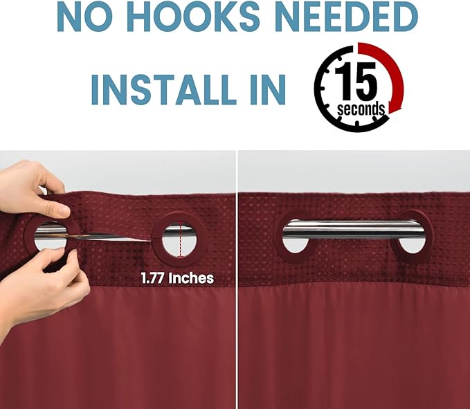 Burgundy Long No Hook Shower Curtain with Snap in Liner,230GSM Waffle Weave Shower Curtains for Bathroom,71W x 86H