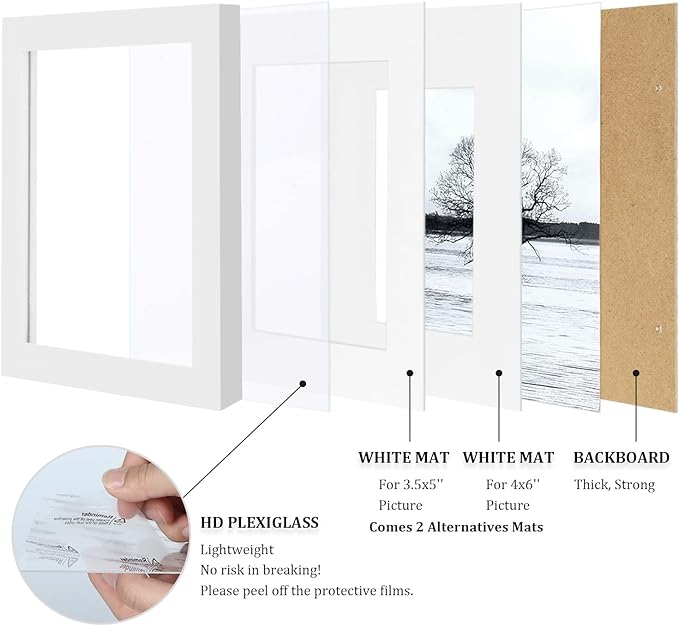 Egofine 5x7 Picture Frame Made of Solid Wood, Covered by Plexiglass Display Pictures 3.5x5/4x6 with Mat or 5x7 Without Mat for Table Top Display and Wall Mounting Photo Frame, White