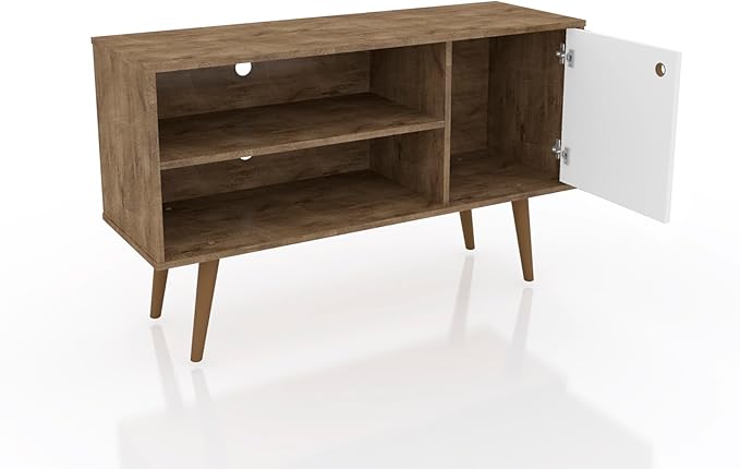 Manhattan Comfort Liberty Mid Century Modern TV Stand for Televisions up to 46 Inches, Bedroom and Living Room Entertainment Center with Storage, Shelves, and Cabinet, 43" Wide, Rustic Brown/White