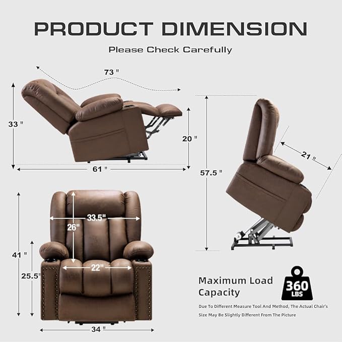 Large Power Lift Chair Recliner for Elderly with Heated and Massage, Overstuffed Adjustable Lift Chair, 3 Position, Breathable Leather, USB-A&USB-C, Cup Holder (Small-7523, Chocolate)