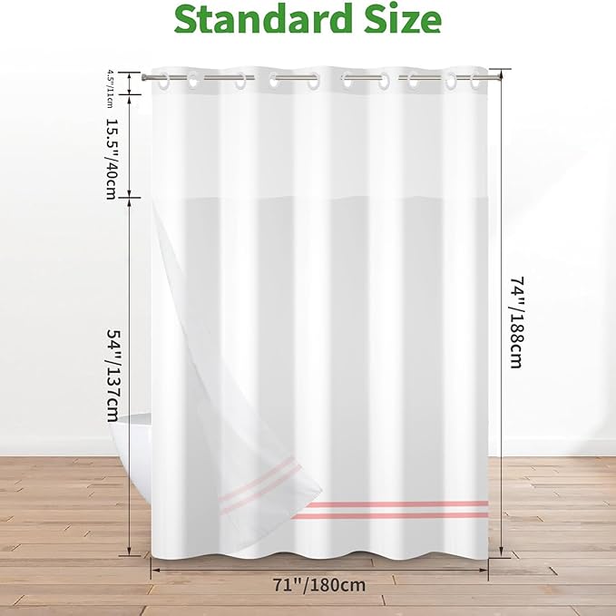 No Hook Shower Curtain with Snap in Liner, White and Pink Striped Heavy Duty See Through Window Waterproof Machine Washable Bathroom Curtain 71" W x 74" L