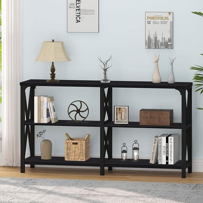 IBF Black Console Table, Modern Sofa Table Behind Couch, Industrial Entryway Table for Hallway Living Room, Farmhouse Wooden Metal Entry Table for Foyer with 3-Tier Storage Shelves, Black Oak, 55 Inch