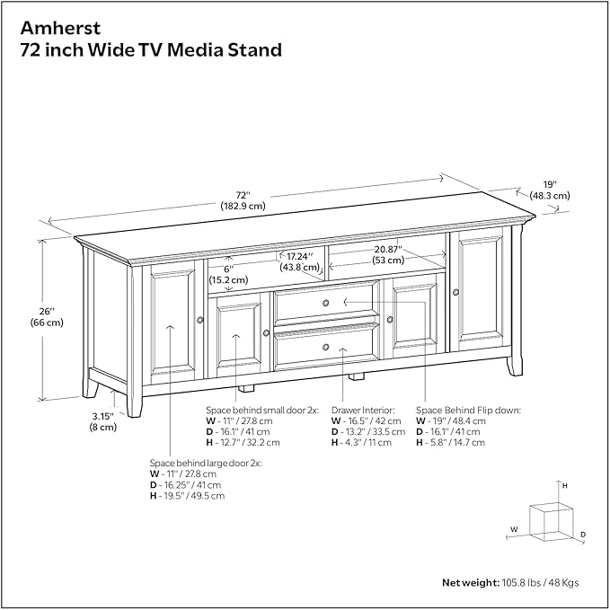 SIMPLIHOME Amherst 72-inch Wide Solid Wood TV Stand in Russet Brown, Transitional-Style Media Console for Living Room with Cable Management and Adjustable Shelves, Fits 80" TVs