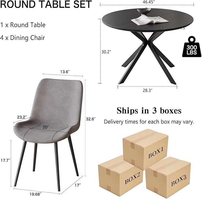 46.4" Round Dining Table Set with 4 Chairs, Modern Dining Set with Comfortable PU Leather Chairs, Sturdy MDF Table with X-Shaped Base, Easy Assembly, Ideal for Dining Room or Kitchen