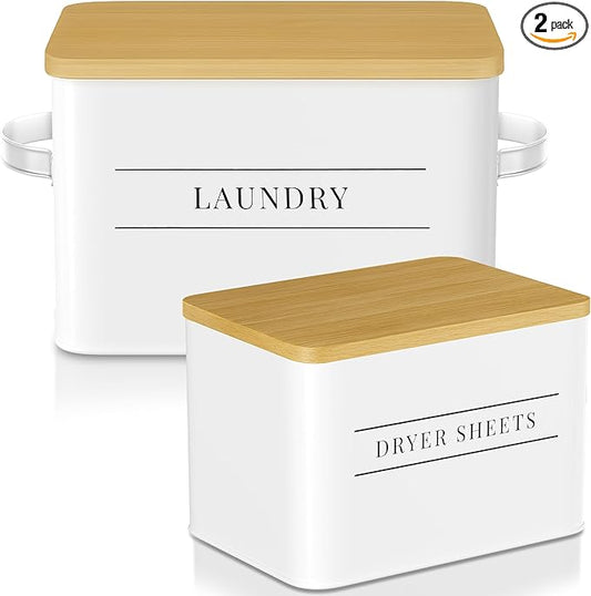 Metal Dryer Sheets Holder with Lid – Set of 2 Storage Bins for Laundry Room Organization & Home Decor – Classic White Metal Laundry Storage Containers with Lids - Sheet Organizers and Storage