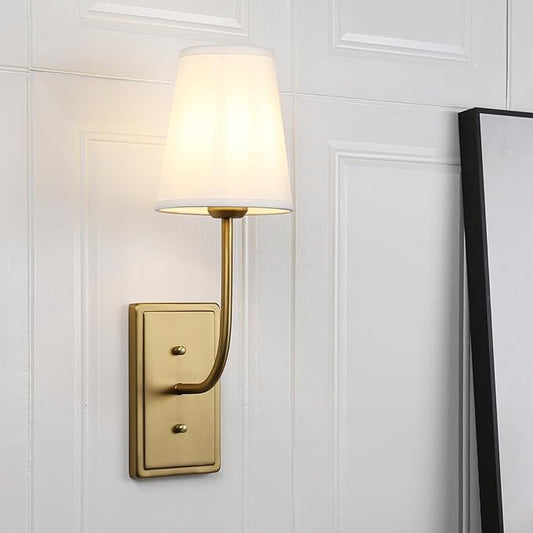 Vintage Brass Wall Sconce 1-Light, White Fabric Shade Wall Lamp Hardwired Indoor Wall Light for Bedroom Living Room Vanity Bathroom