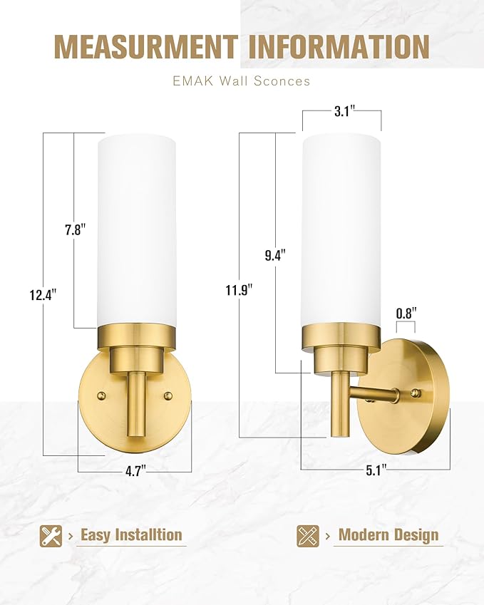 Emak Modern Wall Sconces, Brushed Gold Bathroom Lighting Fixtures with Milk Glass Shade, Vanity Lights for Bathroom, Mirror, Hallway, Bedroom, WS085-BGD-ML