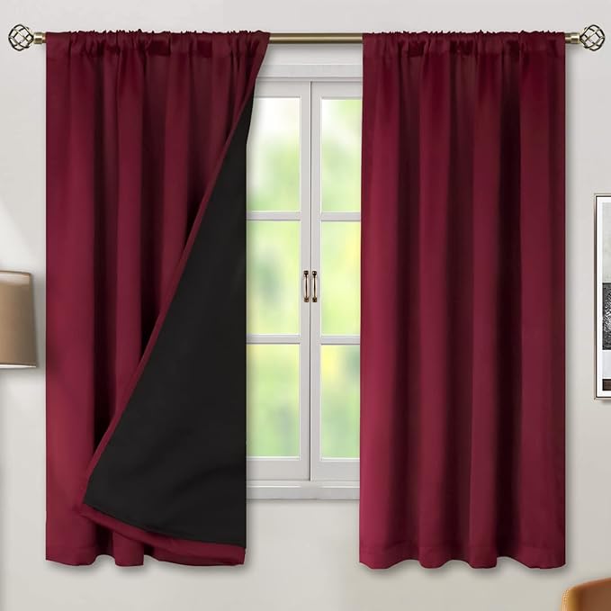 BGment Full Blackout Curtains with Insulated Lining Curtains 63 Inches Long，Rod Pocket and Back Tab Double Layer Room Darkening Window Curtain for Bedroom(42 x 63 Inch, 2 Panels, Burgundy Red)