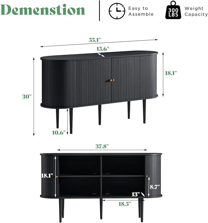 AMERLIFE 55" TV Stand with Solid Wood Legs, Mid Century Modern TV Console with Tambour Door for 80-inch TV, Dust-Proof Storage Cabinet for Living Room, Embossed Black