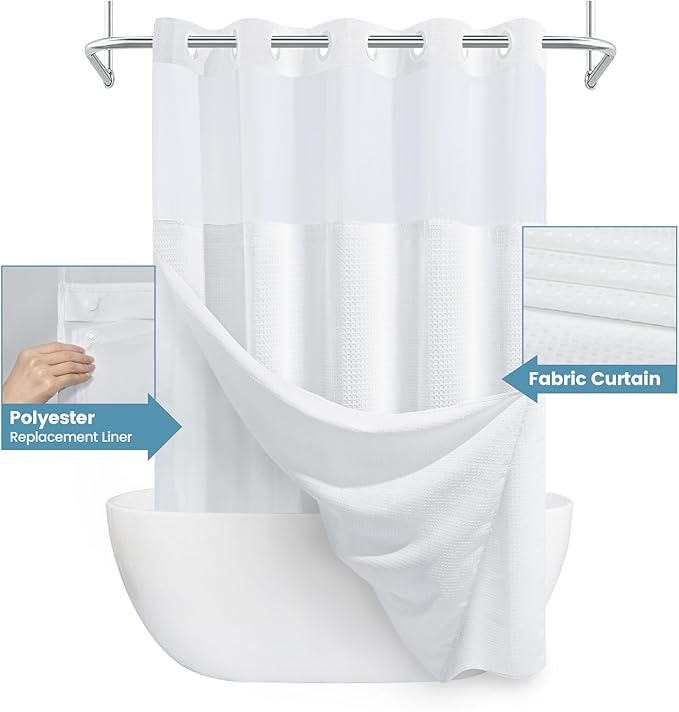 Long No Hook Shower Curtain with Snap in Liner,230GSM Waffle Weave Shower Curtains for Bathroom,71W x 77H(75"),White