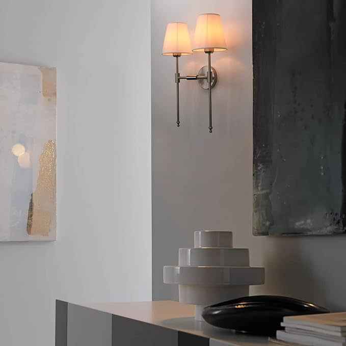 PERMO Classic Transitional Double Sconce 2-Lights Wall Sconce Lighting Fixture with Flared White Textile Lampshade and Brushed Nickel Finished Long Arm for Indoor Bathroom Bedroom Bedside