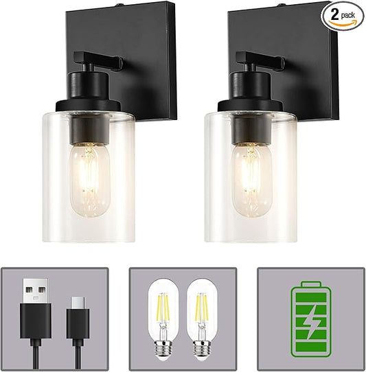 Battery Operated Wall Sconces Set of 2, Remote Control Wall Lamp with Clear Glass Shade USB Rechargeable Wall Light for Bedroom Living Room Hallway