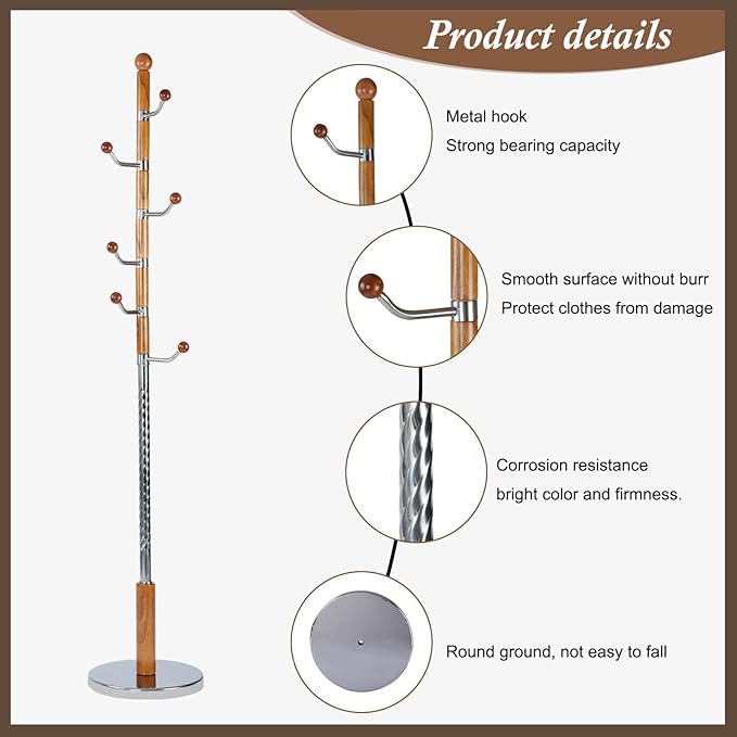 Wooden Coat Rack Freestanding, Vintage Coat Racks with Sturdy Round Base, Adjustable Height 37.40"-72.83" Entrance Coat Rack for Bedroom Living Room Entryway (Solid Wood Metal Hook)