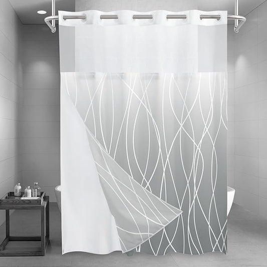 No Hook Ombre Light Grey Striped Long Shower Curtain with Snap in Fabric Liner Set - Hotel Shower Curtain and Liner Set with See Through Mesh Top Window,Machine Washable, 71x86 INCH