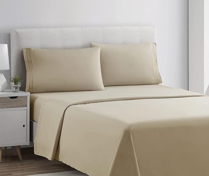 Clara Clark Bed Sheets, Premier 1800 Series 4 Piece Bed Sheet Set, Deep Pocket, Wrinkle, Fade, Stain Resistant, Luxury Soft Bedding Sheets & Pillowcases, California King, Beige Cream