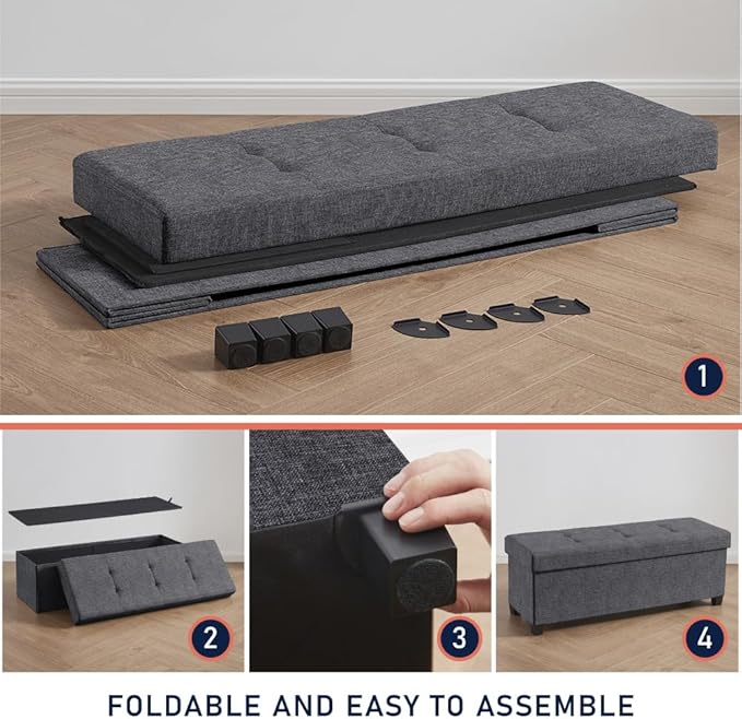 Ornavo Home 43 Inch Storage Ottoman, Large Storage Bench, Ottoman with Storage with Legs, Foot Rest Stool, Bedroom Bench - Dark Gray
