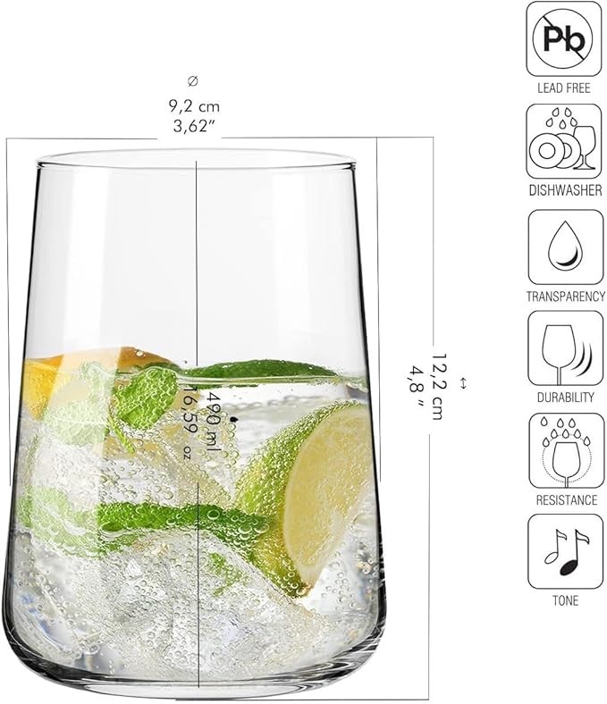 Krosno Water Glasses, 16.5 oz, Set of 12, Infinity Collection, Lead-Free Premium Crystalline Glassware, Everyday Drinking Glasses, Dishwasher Safe, Made in Europe