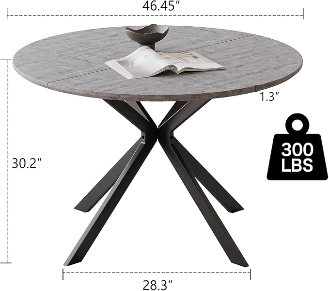 46.4" Round Dining Table, Mid Century Modern Round Dining Room Table for 4-6 with Metal Legs, Easy Assembly Coffee Table, Space-Saving Design for Kitchen and Dining Room