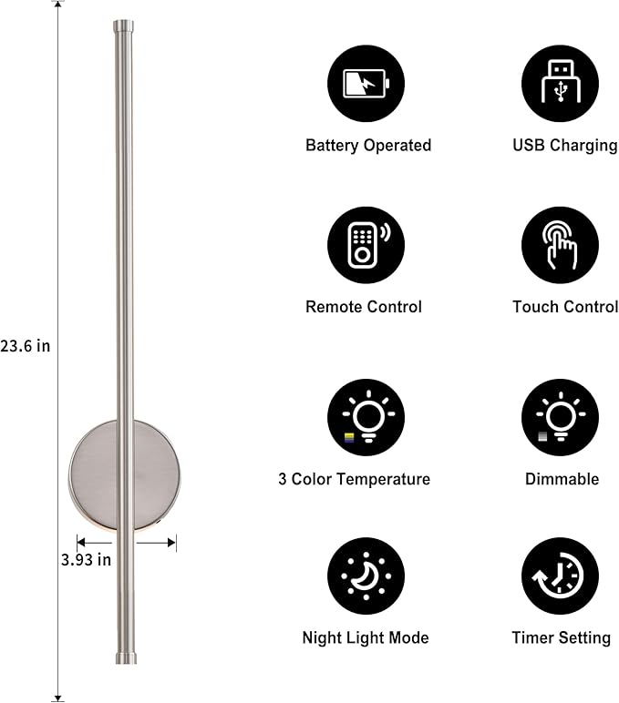 Battery Operated Modern Wall Sconces, Dimmable Wireless Wall Light Set of Two with Remote Control, 3 Color Temperatures, Rechargeable LED Wall Sconce for Bedroom, Living Room,Hallway, 23.6 Inch Nickle