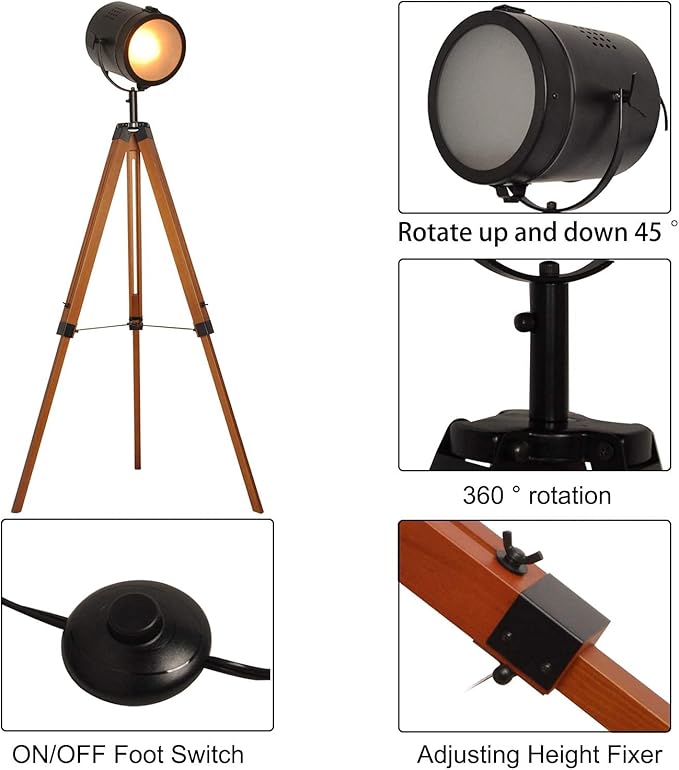 Industrial Vintage Black Tripod Floor Table Lamp - Modern Adjustable Height Wooden Nautical Cinema Searchlight - Spotlight Standing Reading Light for Living Room Bedroom Office Decoration(no Bulb)