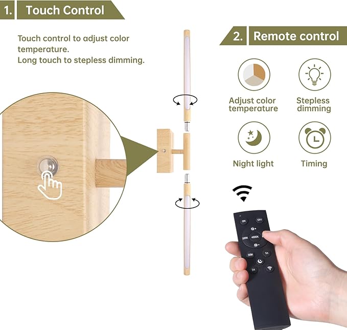 Battery Operated Wall Sconce Set of 2, 8000mAh Rechargeable Wall Sconces, 3000K-6000K Dimmable, 350°Rotate, Indoor Wall Lights for Bedroom Living Room, Original Wood, 23.6 Inch