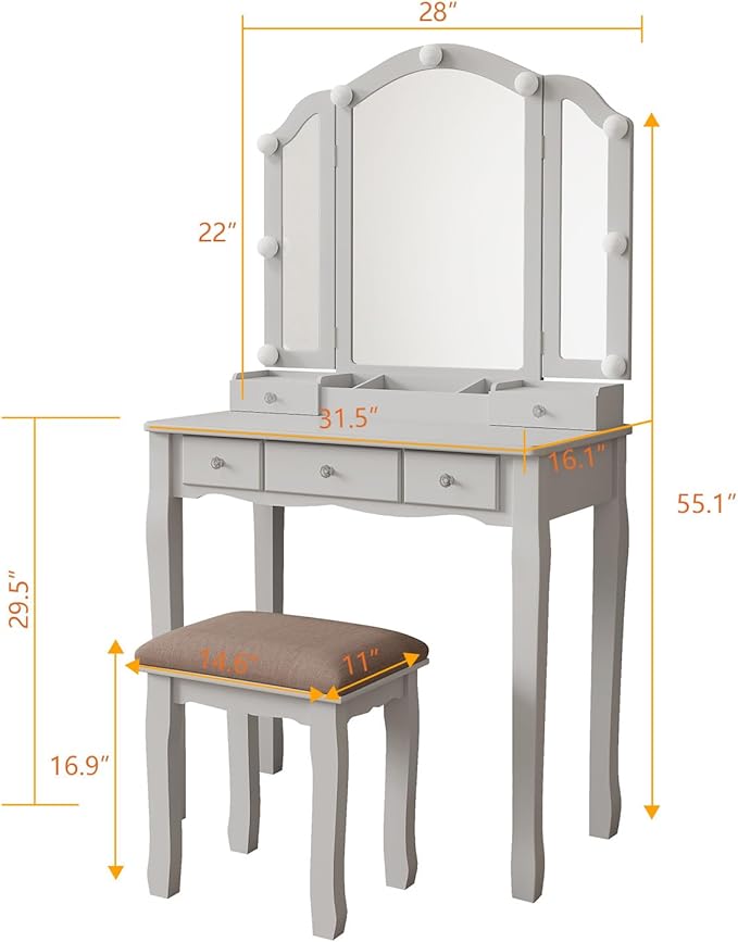 White Vanity Desk with Mirror and Lights Makeup Vanity Set Teen Vanity Mirror with Lights Desk and Chair Makeup Vanity Table Makeup Vanity with Drawers Tocadores