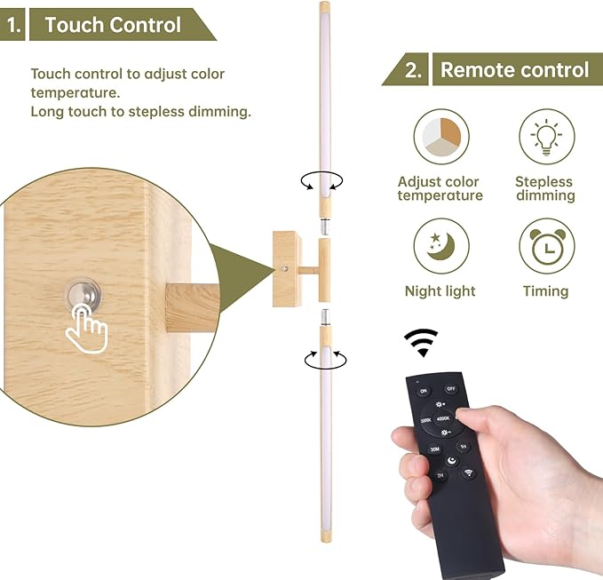 Battery Operated Wall Sconce Set of 2, 10400mAh Rechargeable Wall Sconces, 3000K-6000K Dimmable, 350°Rotate, Indoor Wall Lights for Bedroom Living Room, Original Wood, 31.5 Inch