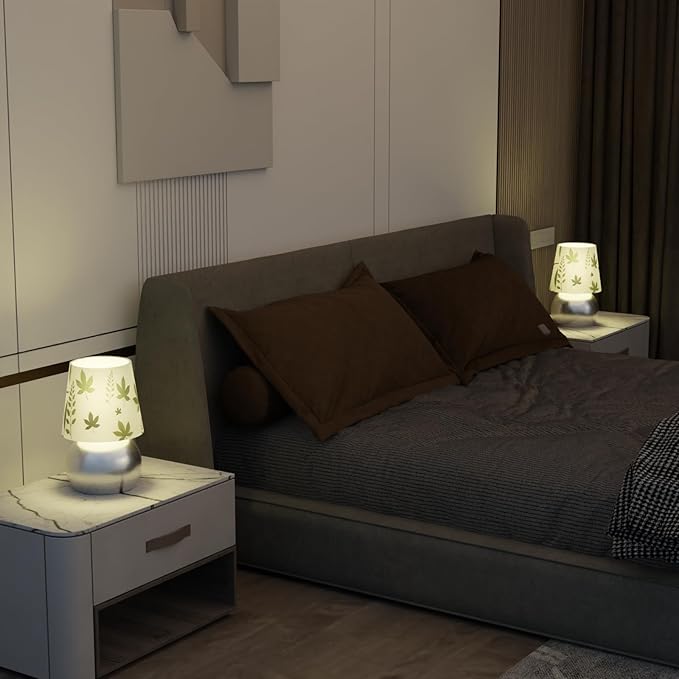 Set of 2 Small Silver Bedside Table Lamp with Maple Leaf Pattern Shade (Bulb Included)