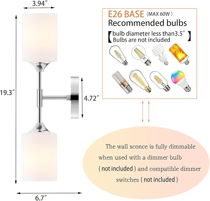 2-Lights Modern Wall Sconce White Cylinder Glass Shades Mid Century Bathroom Vanity Wall Light Fixtures Industrial Wall Lamp for Bedroom Mirror Living Room Restaurant(Chrome Color)