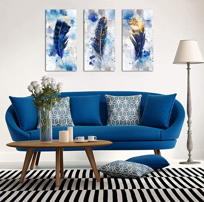 Pogusmavi Blue Canvas Wall Art for Living Room Large Modern Artwork Watercolor Feather Print Picture 3 pieces Canvas Wall Art Bedroom Wall Decor Ready to Hang for Home Office Decoration