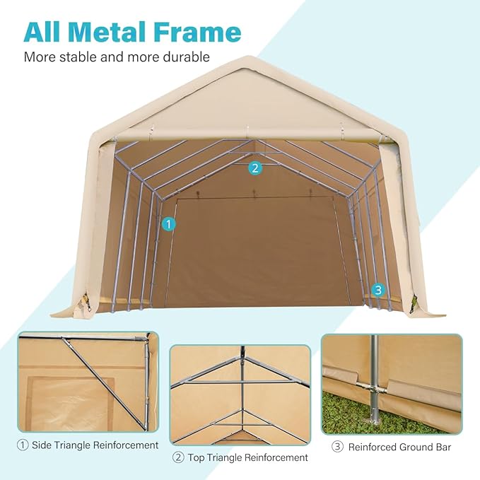 ADVANCE OUTDOOR 13x20 ft Carport 2 Roll up Doors & Vents Outdoor Portable Storage Shelter Garage Tent for Vehicle Boat Truck Anti-UV Snow Resistant Waterproof, Beige