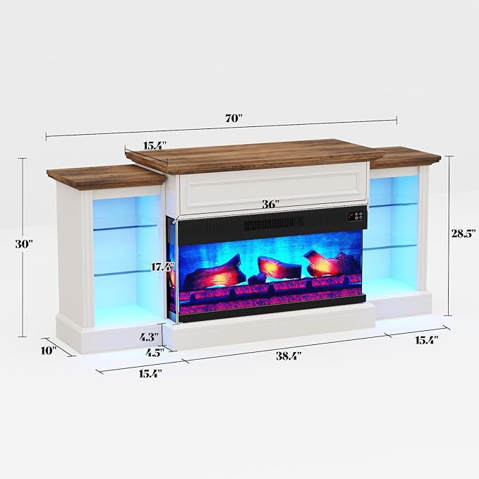 AMERLIFE 70" Fireplace TV Stand with Mantel, Farmhouse Wood Entertainment Center with 3-Sided Glass Fireplace for TVs up to 75", Adjustable Shelves & LED Lights, Distressed White