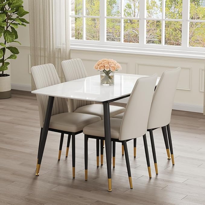 50" White Modern Sintered Stone Dining Table Set for 4 Faux Marble Dining Table with 4 Upholstered PU Leather Chair Dining Room Table Set(1White Table+4Gray Chairs)