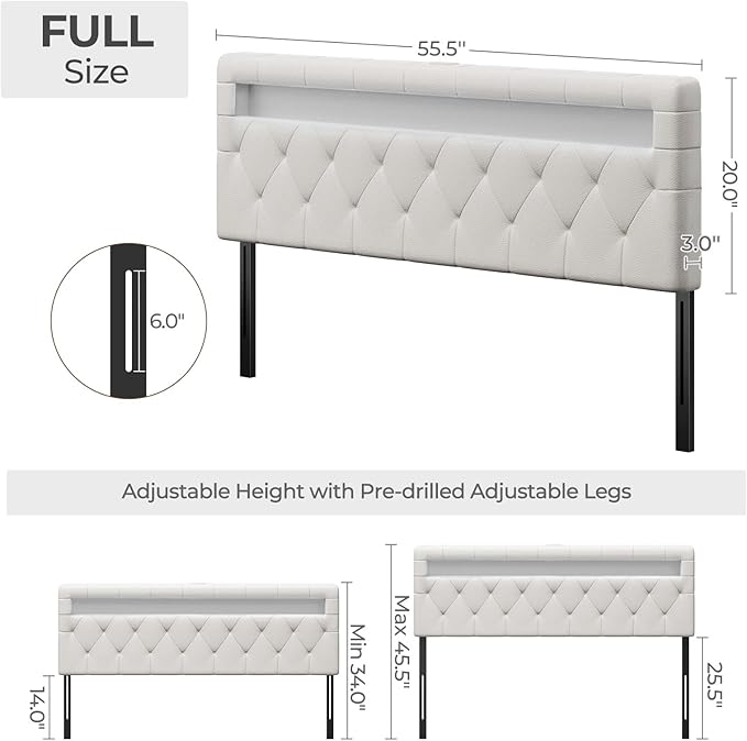 GREENSTELL Headboard for Full Size Bed with 60,000 DIY Color of LED Light, USB & Type C Post, Attach Frame, Height Adjustable, White Leather Wall Mounted Head Boards Only, Sturdy & Stable, Full