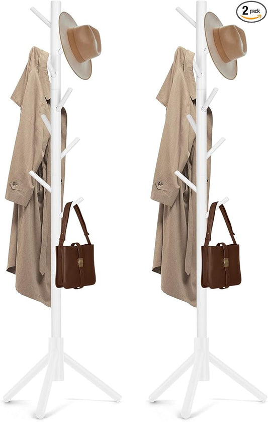 2PCS Solid Wooden Coat Rack Freestanding, New Zealand Pine Coat Tree with 8 Hooks & 3 Adjustable Sizes for Coats, Hats, Handbags and Scarves, Space Saving for Entryway/Office/Bedroom (White)