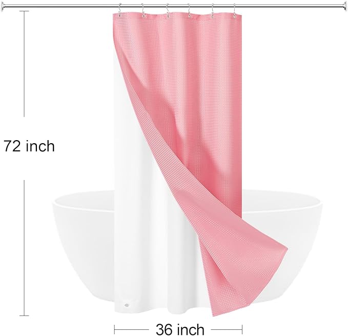3 in 1 Stall Half Size Pink Shower Curtain Set-36 W x 72 H, Modern Waffle Waterproof Fabric and PEVA Liner Set with Stainless Steel Hooks