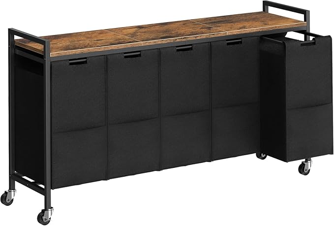 HOOBRO Laundry Sorter 5 Sections, Laundry Hamper with Wheels, 5 × 10.5 Gallon (40 L), Rolling Laundry Basket, Pull-Out and Removable Oxford Fabric Bags, Rustic Brown and Black BF07XY01